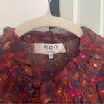 SEA NY Ilana Ikat Navy Red Flutter Sleeve Top Shirt Blouse Ruffle Size M Photo 3