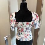 NWT Monteau Smocked Square Neck Puff Sleeve Crop Top Tropical Print Hawaiian‎ XL White Photo 3