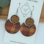 Handmade Orange Brown Yellow Plaid Wood Lightweight Dangle Fall Autumn Earrings Photo 0