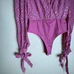 Rococo Sand Bodysuit Womens XS Pink Metallic Long Sleeve Wrap Sheer Tie Cuff Top Photo 2