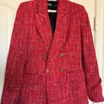 ZARA Red Tweed Double Breasted Blazer – Size Small – Gold Buttons Photo 1