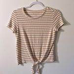 American Eagle  Baby Tee Crop Top White Mustard Stripes Front Tie Sz small Photo 0