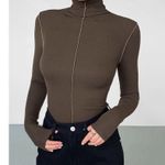 Commense Casual Slinky Turtleneck Contrast Trim Ribbed Knit Shirt Brown Small Photo 2