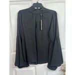 T Tahari  Blouse Womens Size S Black Mock Neck Keyhole Large Bell Sleeve Chic Photo 2