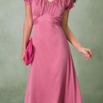 Rihoas Pink Sweetheart Neck Ruched Satin Midi Dress Size M Photo 2