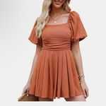 NEW Chambray Puff Sleeve Square Neck Mini Lined Romper S Orange Photo 2