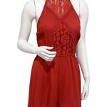 Love, Fire Women's Brick Red Lace Front Pom Edged Halter Romper Size M Size M Photo 0