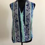 Three Eighty Two  Women's Blue Striped Floral Print Sleeveless Blouse, Size Small Photo 2