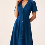 Rihoas Blue V Neck Pleated Button Midi Dress Photo 1
