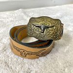 NWOT Tan Brown Faux Leather Western Cowgirl Bullhead Tooled Embellished Belt Photo 4