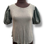 cupio  Eyelet Short Puff Sleeve Blouse Top Seafoam Dusty Green Small Feminine Photo 0