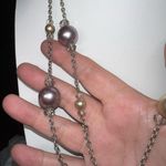 Silver Tone Faux Lavender and Cream Pearl Station Necklace Photo 4