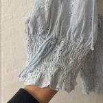 Beige Botany Blue Eyelet Smocked Crop Tie Shoulder Puff Sleeve Floral Blouse M Size M Photo 2