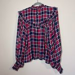 Free People  Charlie Ruffle Plaid Smocked High Neck Top Holiday Red M Photo 5