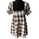 American Eagle  Plaid Smocked Puff-Sleeve Babydoll Short Dress XS Women’s Cream Photo 1