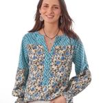 Sundance  Womens Explorer Blue Floral Patchwork Long Sleeve Large Blouse Top Boho Photo 0