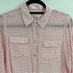Foxcroft  Women’s Blouse White Red Tencel Rolled Sleeve Gingham Button Up Size 10 Photo 2