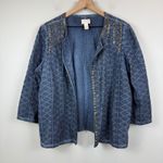 Chico's  Jacket Womens 2 US L‎ Blue Broderie Embellished 3/4 Sleeve Open Front Art Photo 0