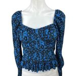 ZARA Blue Multicolor Floral Square Neck Long Sleeve Peplum Crop Top Blouse Sz S Photo 0