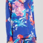 Natori Satin Blue Floral Tsubaki Knotch Long Sleeve Pajamas Shorts Set Medium Photo 1
