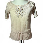 Andrée Andree Cream Floral Embroidered Ruffle Neck Tie Waist Blouse Top Photo 0