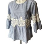 Hannah Blue Stripe Lace Detail Bell Sleeve Peplum Top, Sz M Size M Photo 4