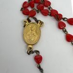 Vintage 1980 Heart Beads Rosary Necklace Gold Tone Religious Cross Pendant *read Red Photo 5