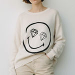 LOGO By Lori Goldstein Smiley World Face Distressed Sweater Diamond Eyes Large L Photo 0