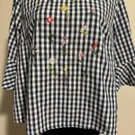 EUC Chelsea & Theodore Blue White Checked Embroidered Floral Babydoll top size 8 Photo 4