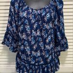 Fever Blouse Size Small Blue Floral Ruffle Crochet Elastic Hem 3/4 Sleeves Boho Photo 0