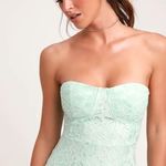 Lulus Lulu’s Divine Nights Mint Green Lace Strapless Midi Dress Photo 3