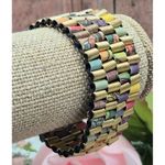 Holly Anne Mitchell jewelry Handmade Gold Tone & Newspaper Bead Stretch Bracelet Photo 4
