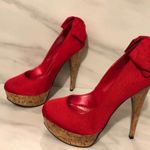 Bebe Stiletto High Heels Kahilia Ruby Red Size 8 Platform Cork Bow Formal Photo 5