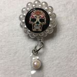 Pearl Embellished Skull Badge Holder Photo 0