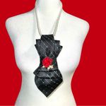 “Dainty Dapper”Black and Red Striped Tie Necklace w/ beautiful red rose brooch Black Photo 1