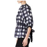 Mother of Pearl Navy White Plaid Velvet Tie Puff Sleeve Silk Blend Blouse Size 6 Blue Photo 2