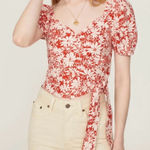 Madewell  Linen Blend Floral Wrap Top Red White Short Puff Sleeves V-Neck Smocked Photo 0
