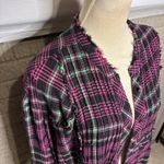 Free People  Pink Black Plaid Fringe Duster Flannel Oversized Medium Photo 1