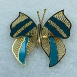 Gold Color Open Stripes Butterfly Jewelry Pin Brooch Two Tone Teal Bluish Colors Photo 12