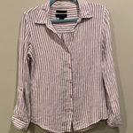 Tahari  Women’s Small Navy Blue and White Striped Linen Long Sleeve Shirt Photo 0