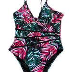 Beachsissi  NWT One Piece Swimsuit Size Large Black Pink Green Tropical Palm Photo 0