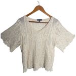 Democracy  BOHO Floral Lace Top Size M Cream Bell Sleeves Romantic Ethereal Photo 3