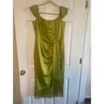 Pretty Little Thing NWT  Olive Satin Bardot Tassel Hem Draped Midi Dress Sz 12 Photo 1