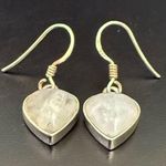 Vintage 925 Sterling Silver Small Heart Moonstone Drop Earrings 3.6g Photo 4