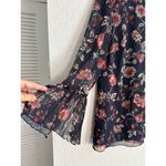 Chico's Modest High Neck Floral Bell Sleeve Top Medium Gold Threads Navy Blue Demure Photo 1