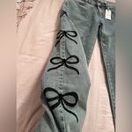 Forever 21 Blue Black Bow Flare Jeans with Wide Leg Photo 2