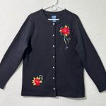 Classic Elements Black Cardigan Sweater Red Poinsettias Floral Embroidered Large Photo 0