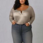 Capella Plus Size Dunkin’ Latte Long Sleeve Split Neck Linen Blend Bodysuit Tan Photo 0