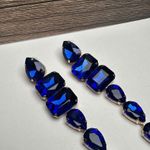 Blue Rhinestone Gold Tone Long Statement Dangle Drop Pierced Earrings Photo 1