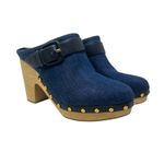 Veronica Beard  Dacey Denim Clogs Heels‎ Studded Buckle Wood Blue Size 9.5 Photo 6